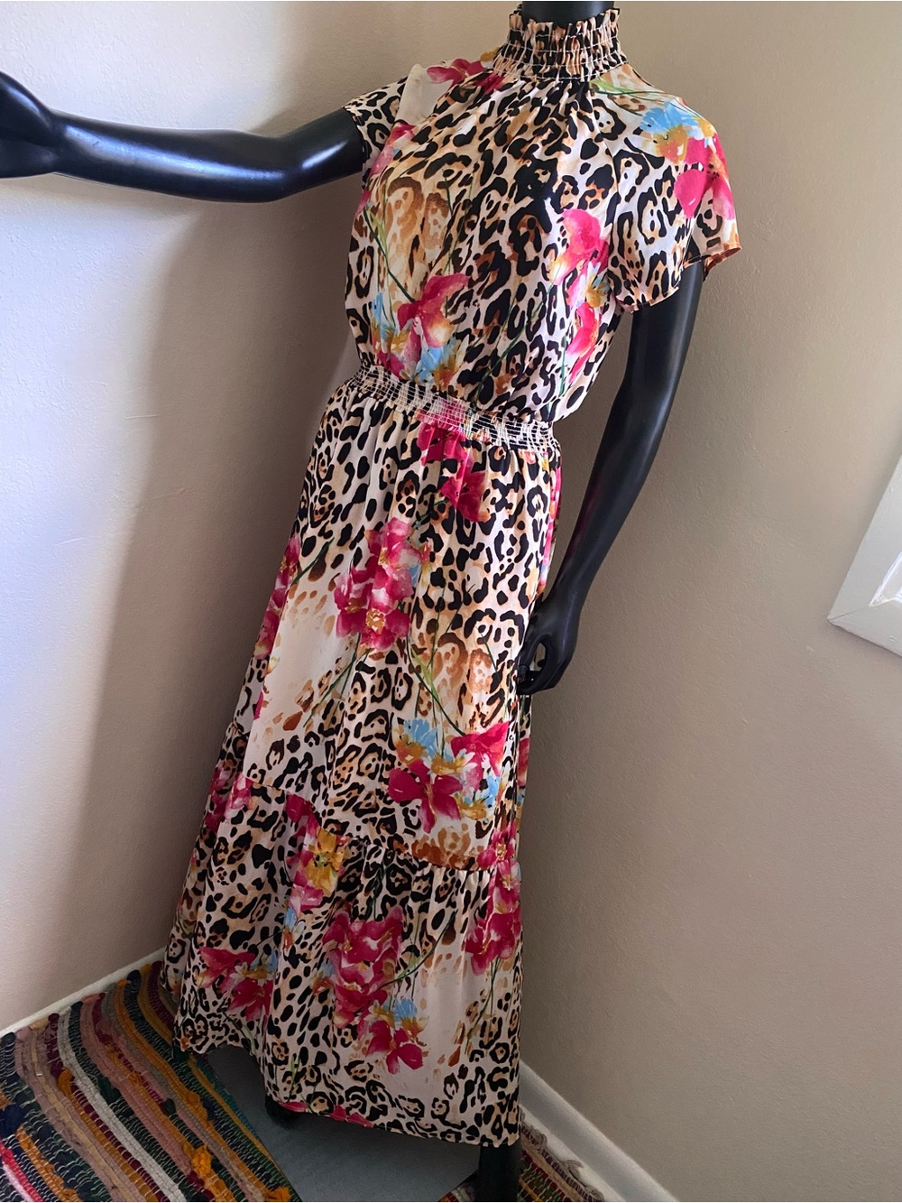 Gibson Pink Floral & Black Leopard Smocked Maxi Dress - Picture 4 of 11